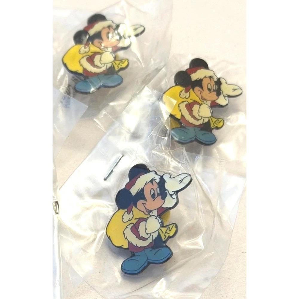 Mickey Mouse Lot Pin Pins 3 NEW NOS Santa Metal Acrylic Christmas Kitsch Retro